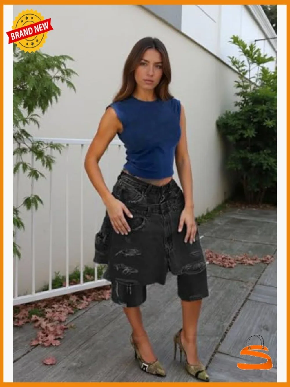 Baggy High Waist Ripped Denim Shorts Y2K Cargo Jorts Double Waist Patchwork